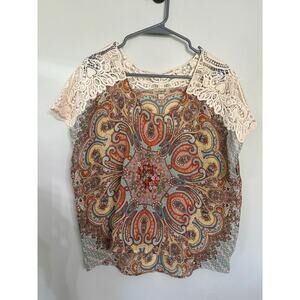One World Paisley Print Lace Shoulder Top | Boho Blouse | Size Large